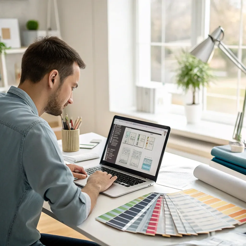 A designer working at a desk with design software open on a laptop